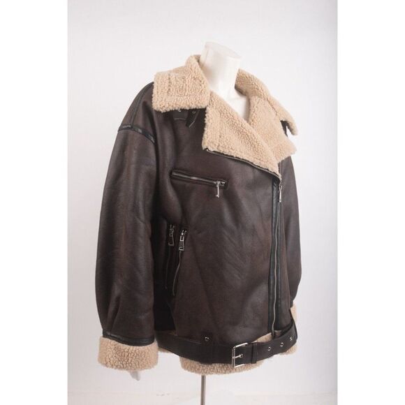 Zara Womens Aviator Biker Jacket Brown XL X-Large Sherpa Lined 8073/264 NWOT - Picture 3 of 7